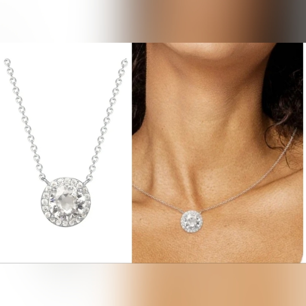 New Fine Silver Plated Cubic Zirconia Halo Pendant Necklace Brass Metal